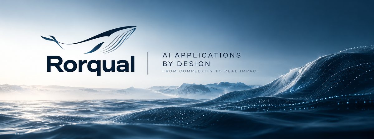 Rorqual, AI applications by design: from complexity to real impact. A whale over a northern sea that turns into flowing data.